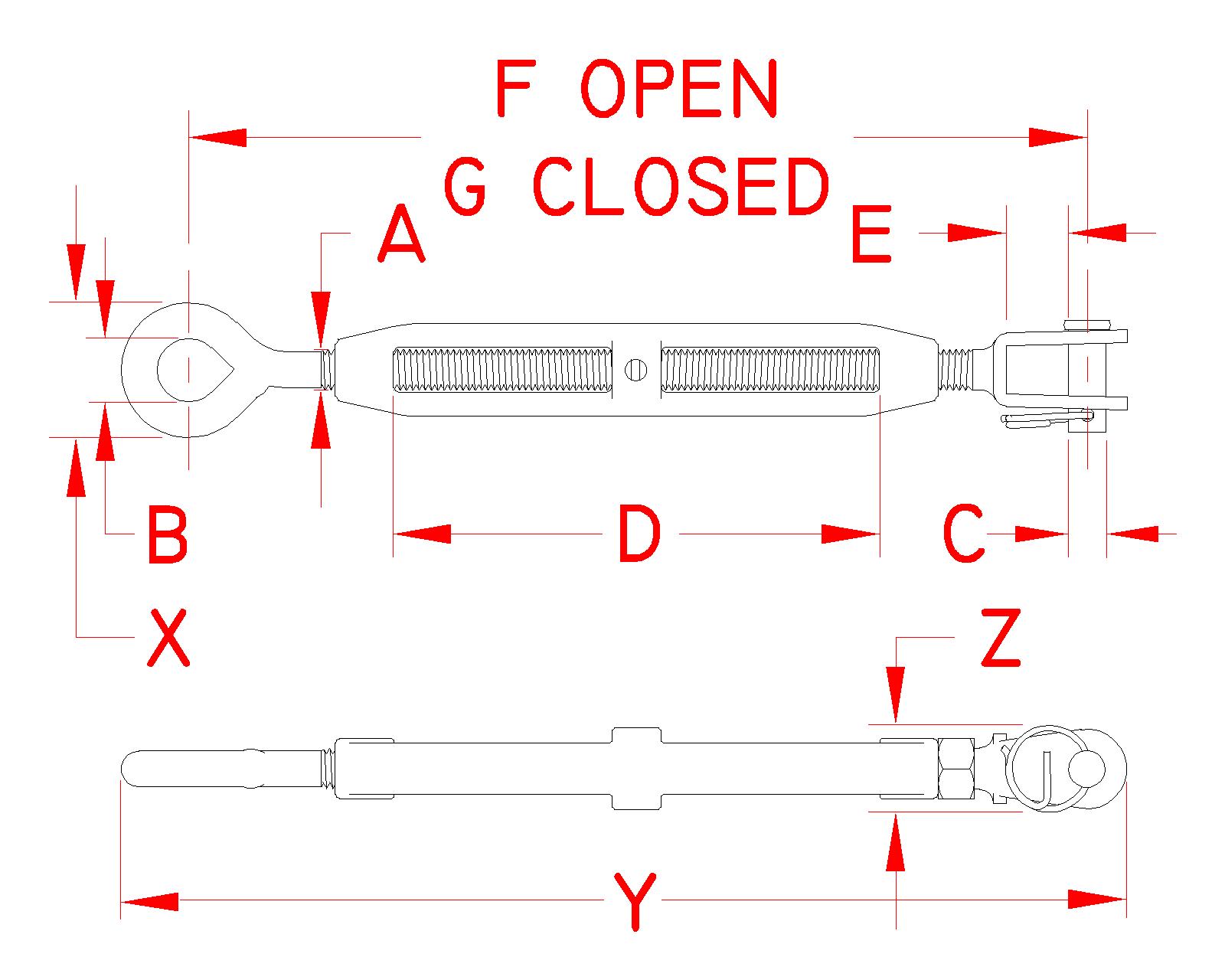 Stainless Steel Cast Jaw and Eye Turnbuckle, S0154-JE05, S0154-JE07, S0154-JE08, S0154-JE10, S0154-JE13, S0154-JE16, S0154-JE20, Line Drawing Stainless Steel Cast Jaw and Eye Turnbuckle, S0154-JE05, S0154-JE07, S0154-JE08, S0154-JE10, S0154-JE13, S0154-JE16, S0154-JE20, Line Drawing